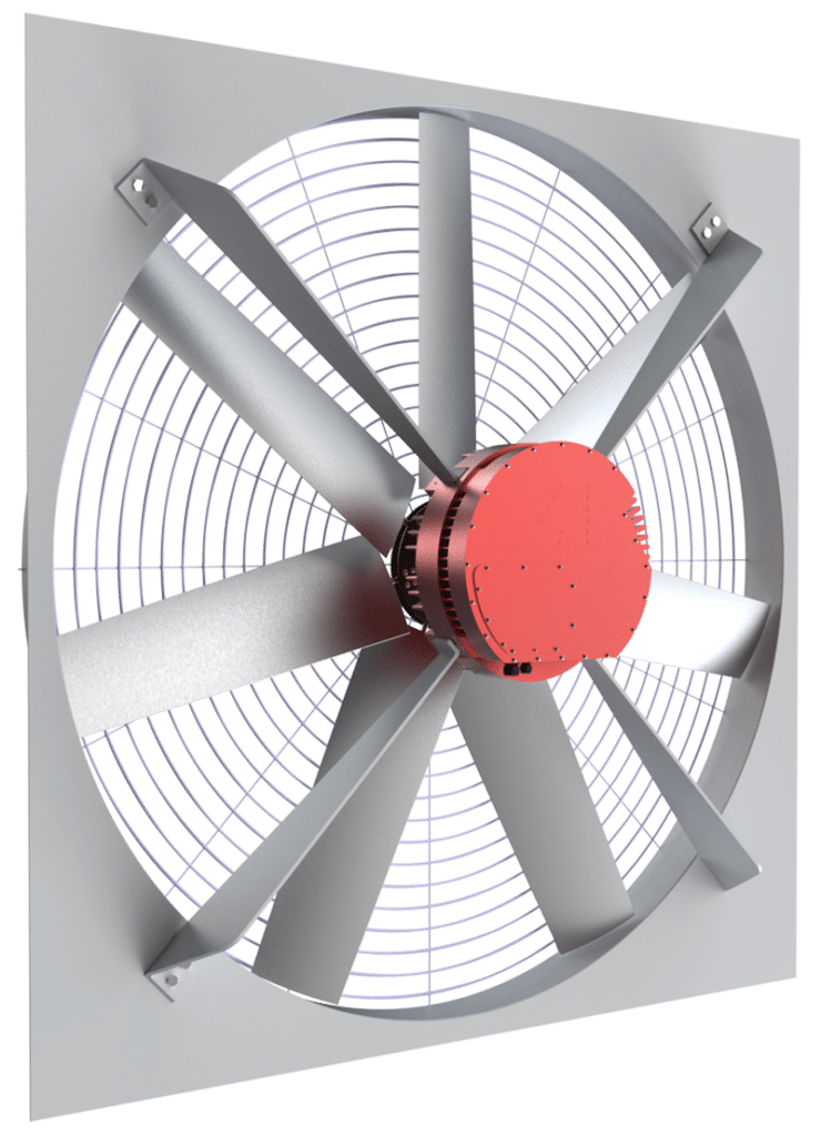 Red IEs motor mounted to an axial fan