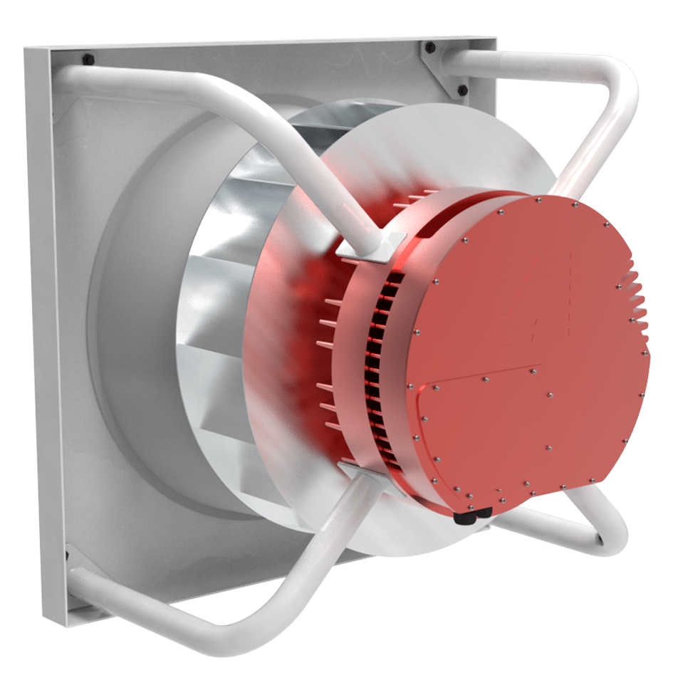 Red IEs motor mounted to a centrifugal fan